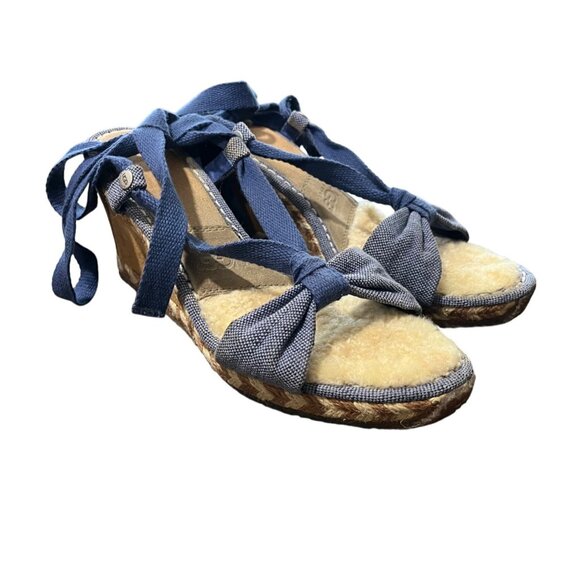 UGG Women's Denim Bow Tie Espadrille Wedge Sandals Amelie Blue Size 10 - Picture 1 of 9